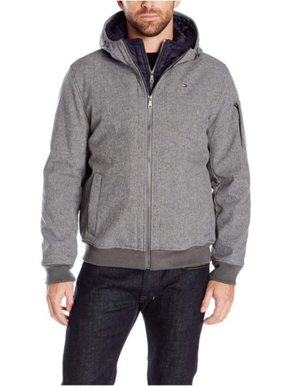 Tommy Hilfiger Men's Gray Hooded Varsity Bomber Jacket with Quilted Trim